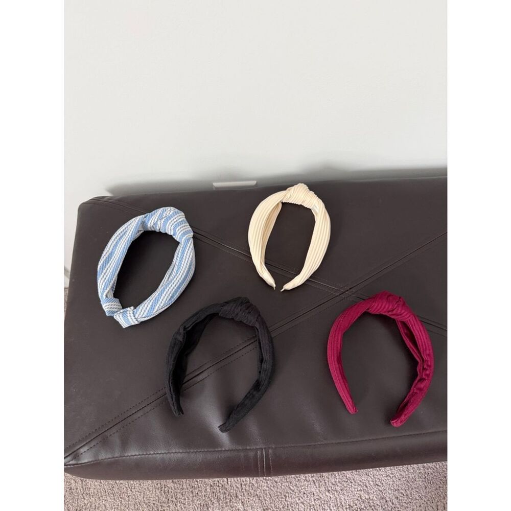 Set of 4 Knotted Padded Headbands Cream Black Burgundy Blue Stripe One Size